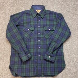 Camel Plaid Wool Blend Flannel Shirt Jacket Blue Green Size L